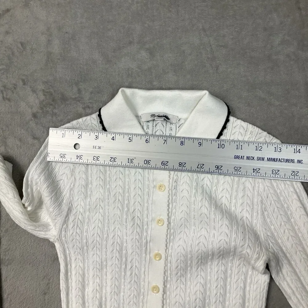 Madewell Cardigan Womens XXS White Ruffle Trim Pointelle Peter Pan Preppy NY455